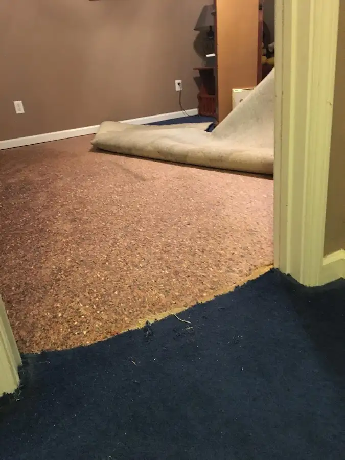 Carpet pad removal revealing water damage during Drying & Dehumidification in South Williamsport